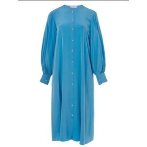 Tibi Bowery Blue Arielle Silk Gold Button Front Midi Dress Size XXS Oversized